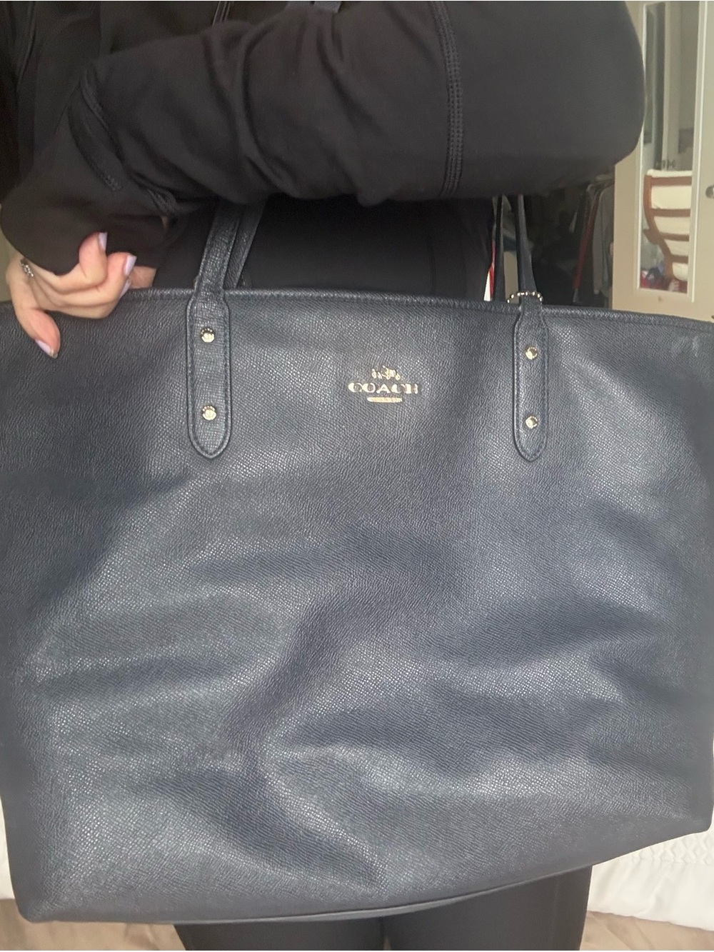 Coach Navy Leather Pebbled Tote with Gold Logo